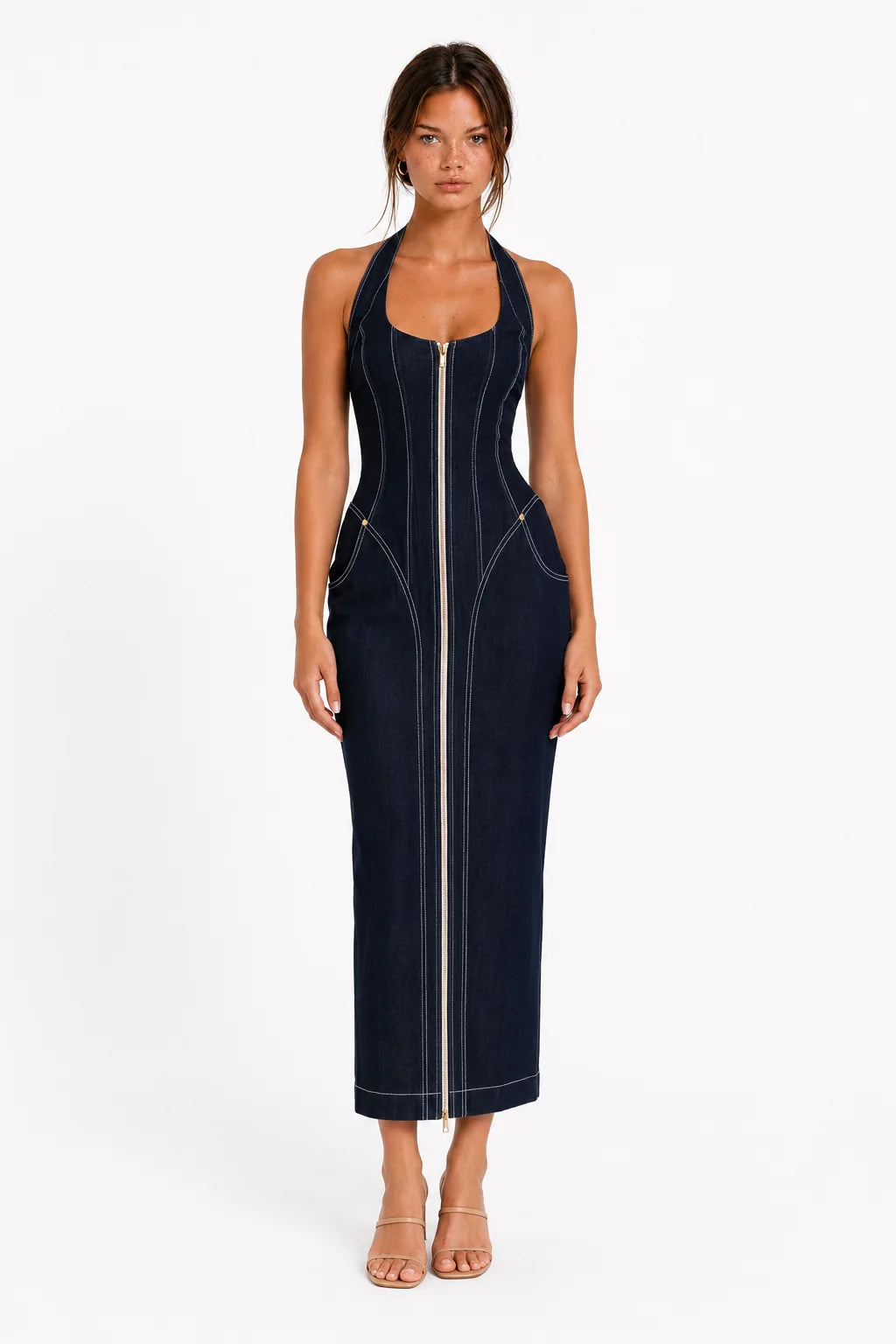 Dark Wash Halter Zip-Front Denim Maxi Dress view 1