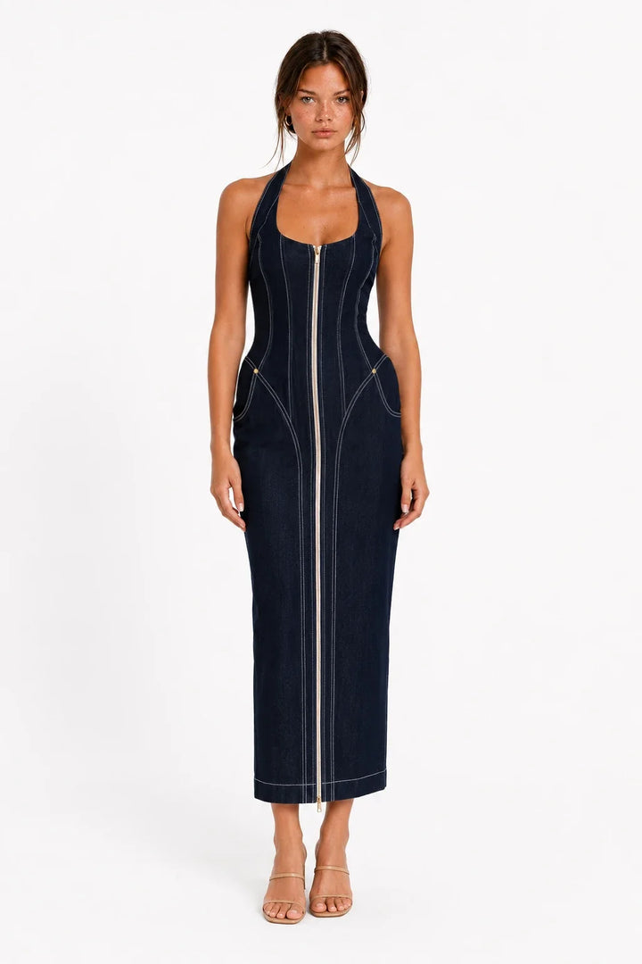 Dark Wash Halter Zip-Front Denim Maxi Dress view 1