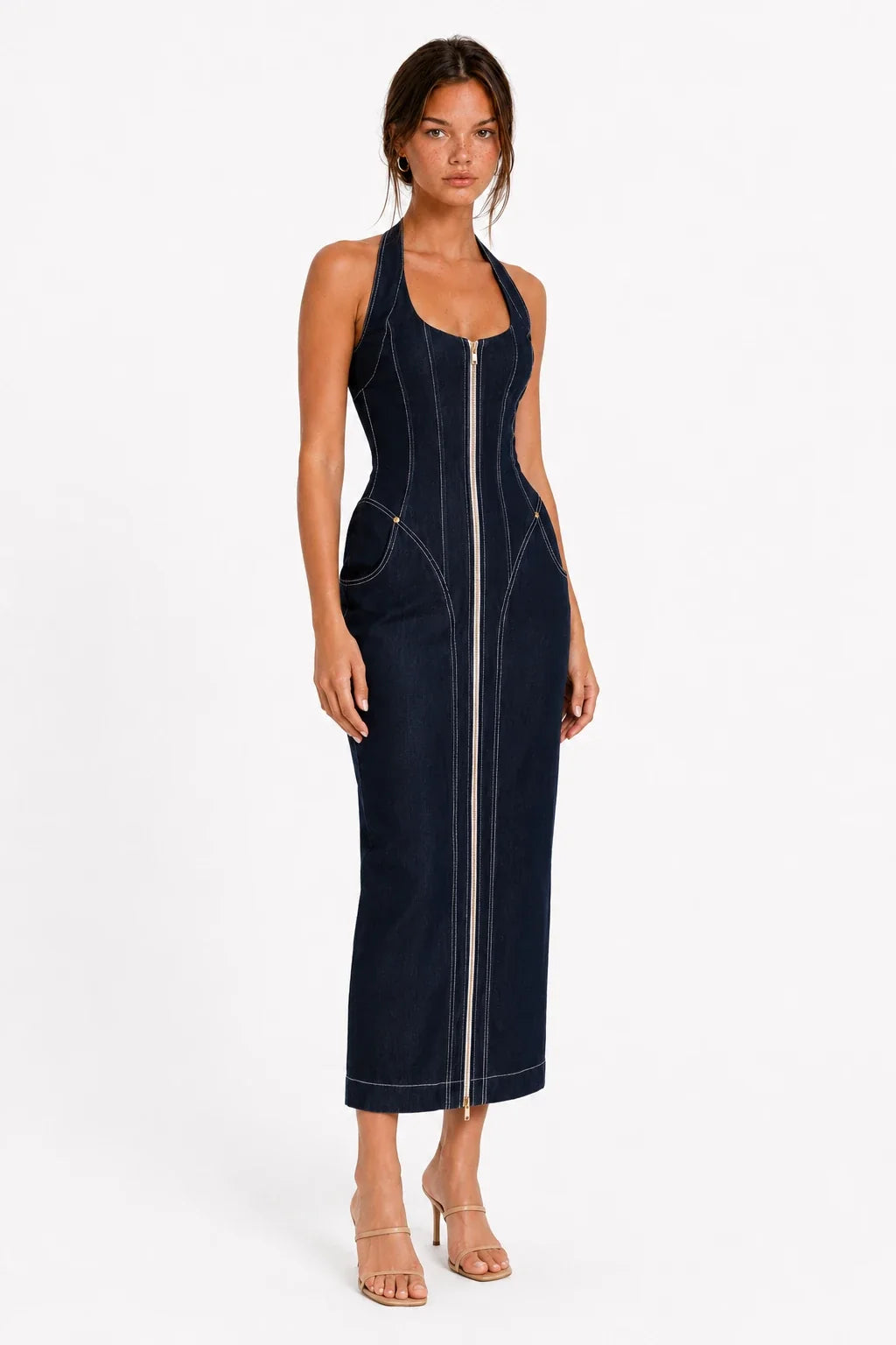 Dark Wash Halter Zip-Front Denim Maxi Dress view 2