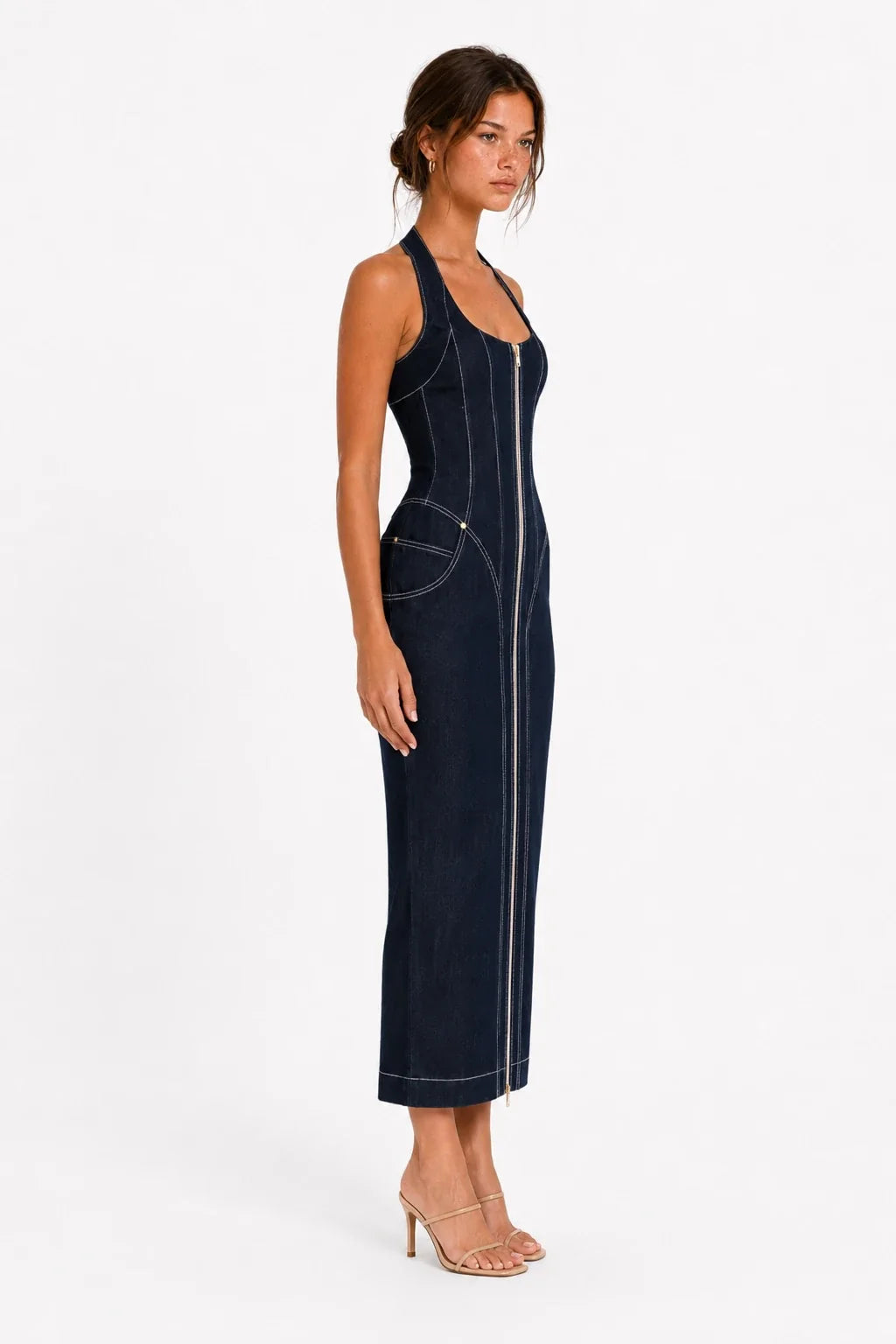 Dark Wash Halter Zip-Front Denim Maxi Dress view 3