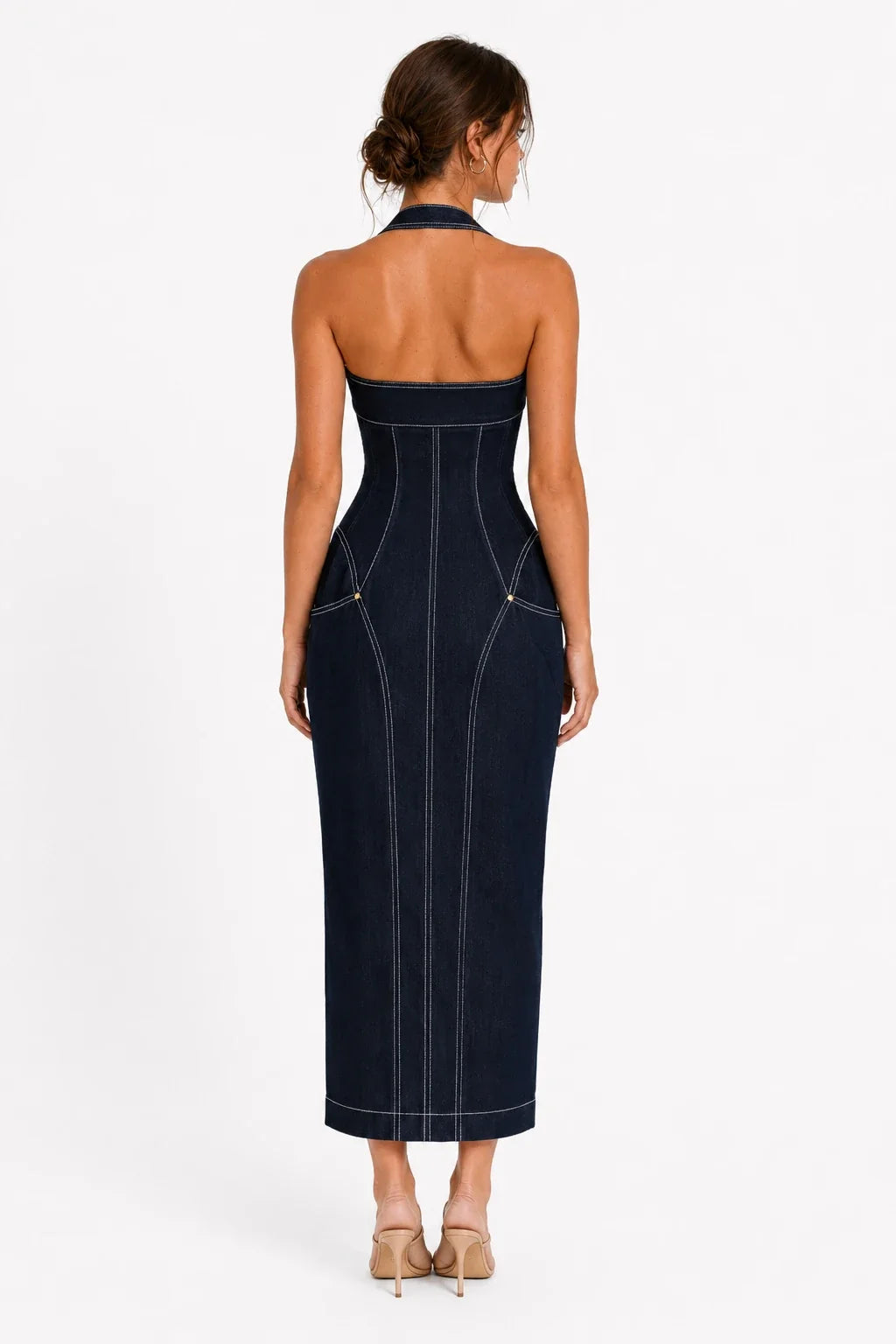 Dark Wash Halter Zip-Front Denim Maxi Dress view 4