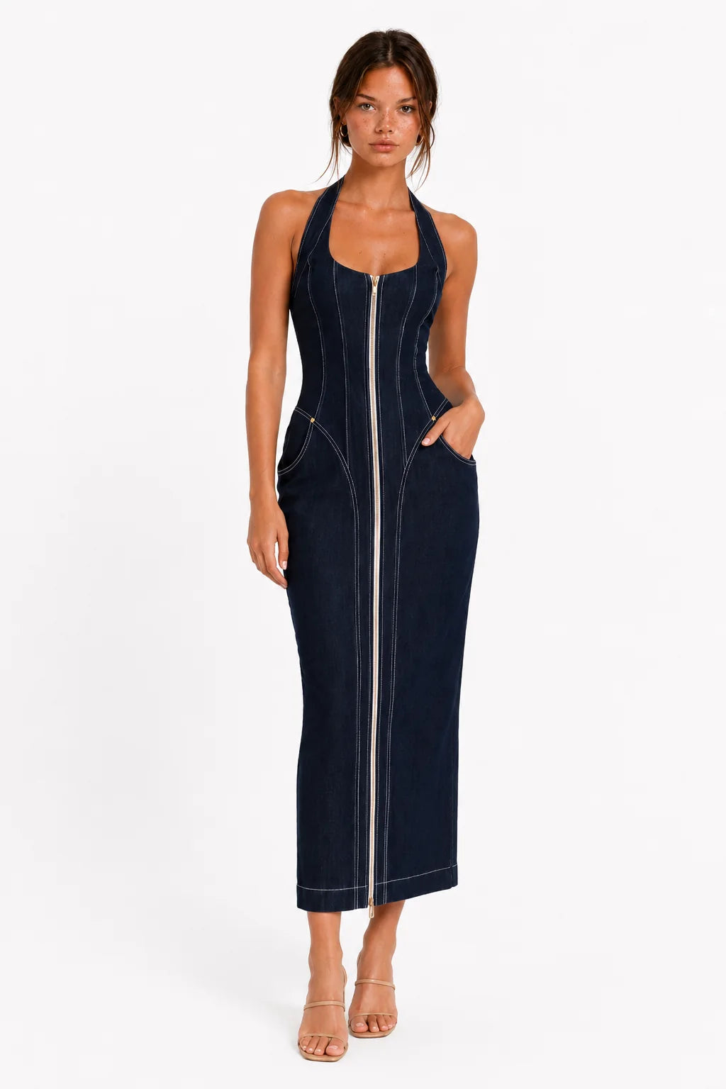 Dark Wash Halter Zip-Front Denim Maxi Dress view 5