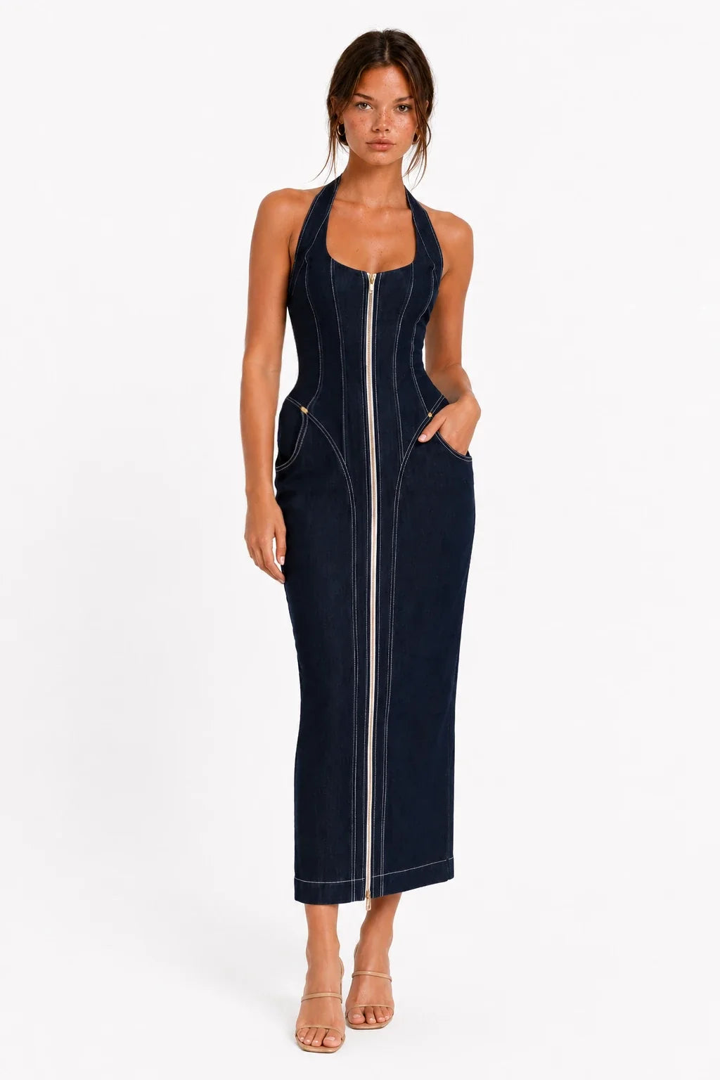 Dark Wash Halter Zip-Front Denim Maxi Dress view 5