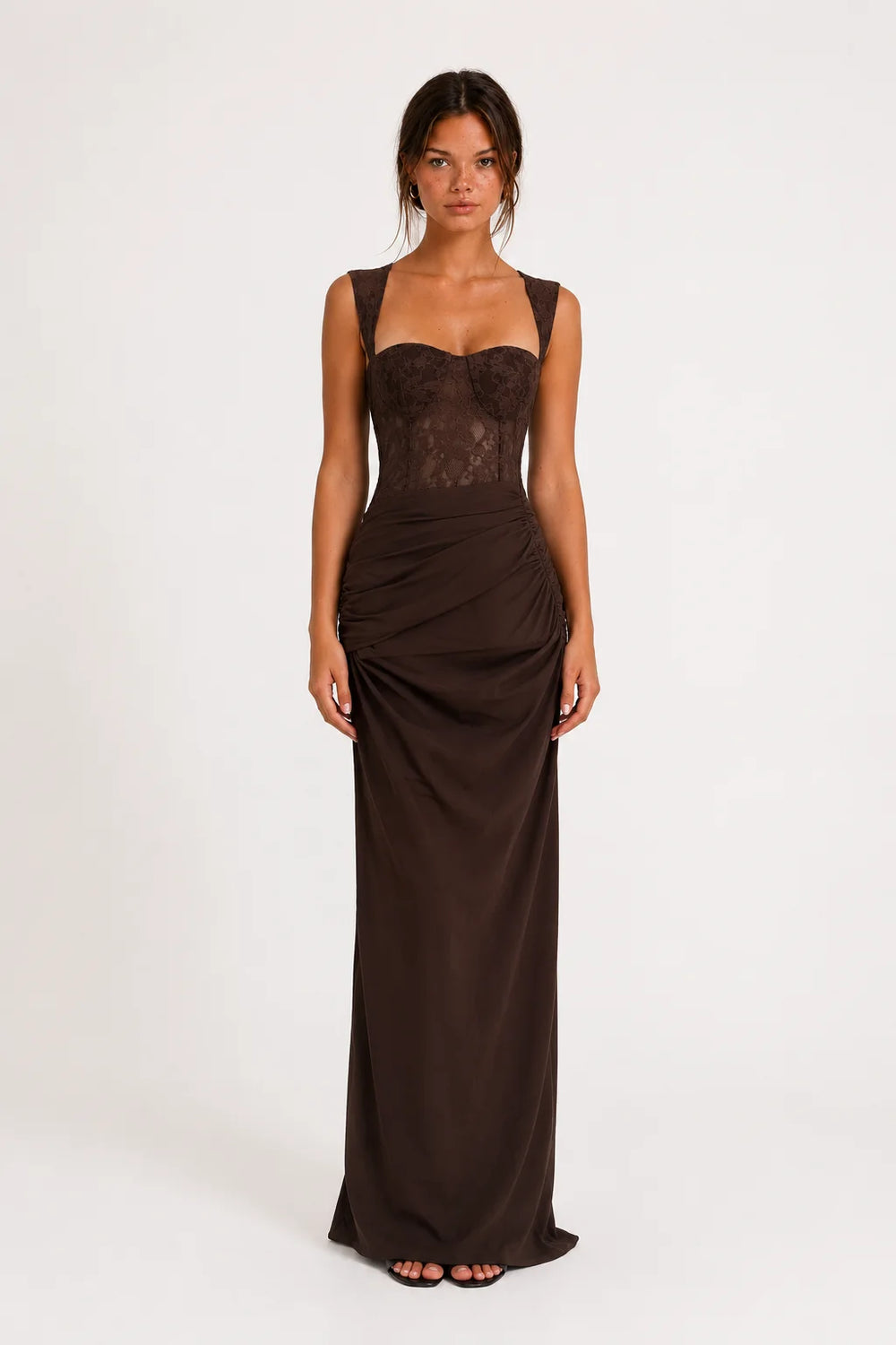 Chocolate Brown Lace Bustier Ruched Maxi Dress view 1