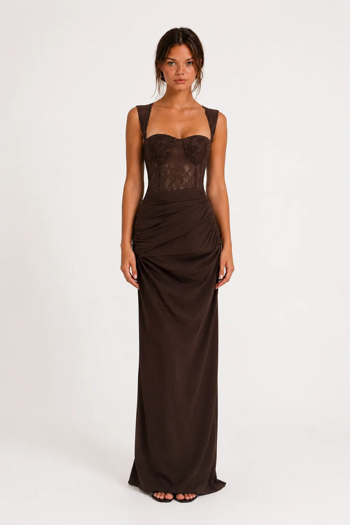 Chocolate Brown Lace Bustier Ruched Maxi Dress view 1