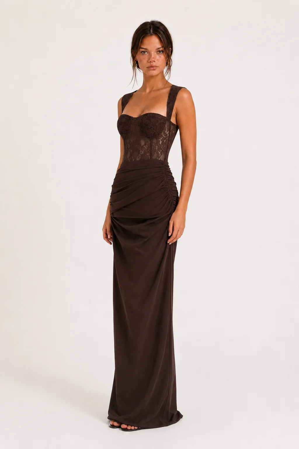 Chocolate Brown Lace Bustier Ruched Maxi Dress view 2