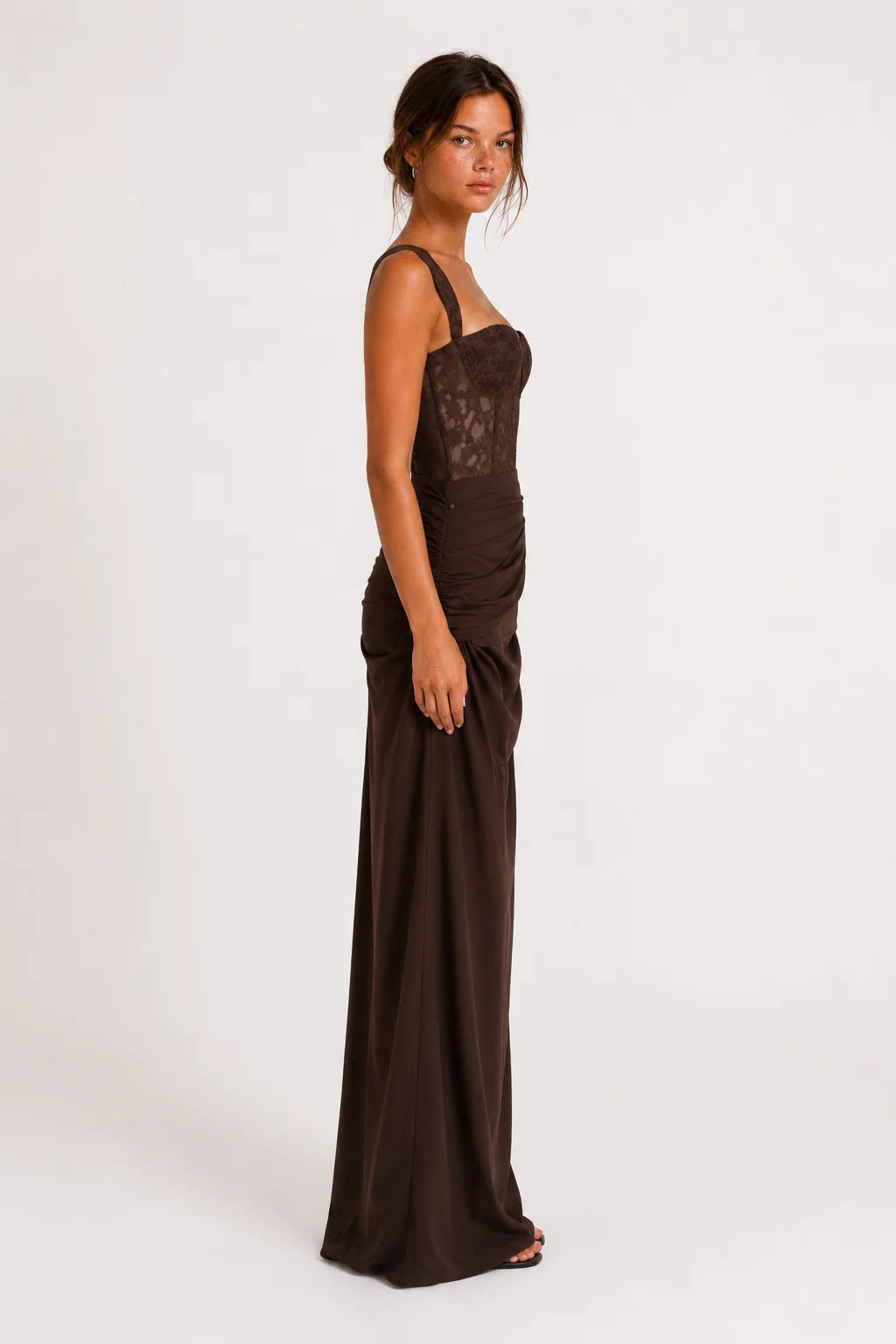 Chocolate Brown Lace Bustier Ruched Maxi Dress view 3