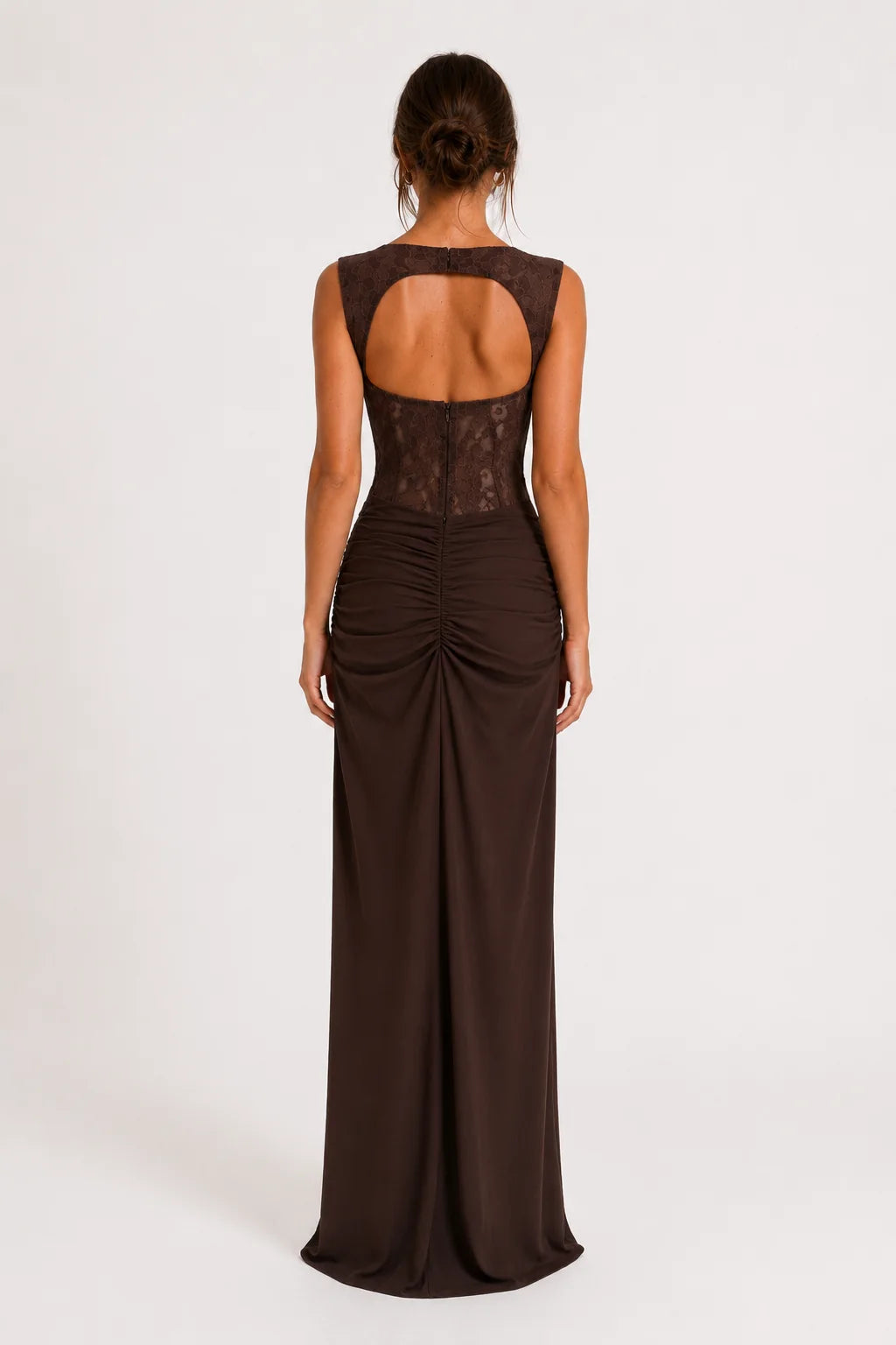 Chocolate Brown Lace Bustier Ruched Maxi Dress view 4