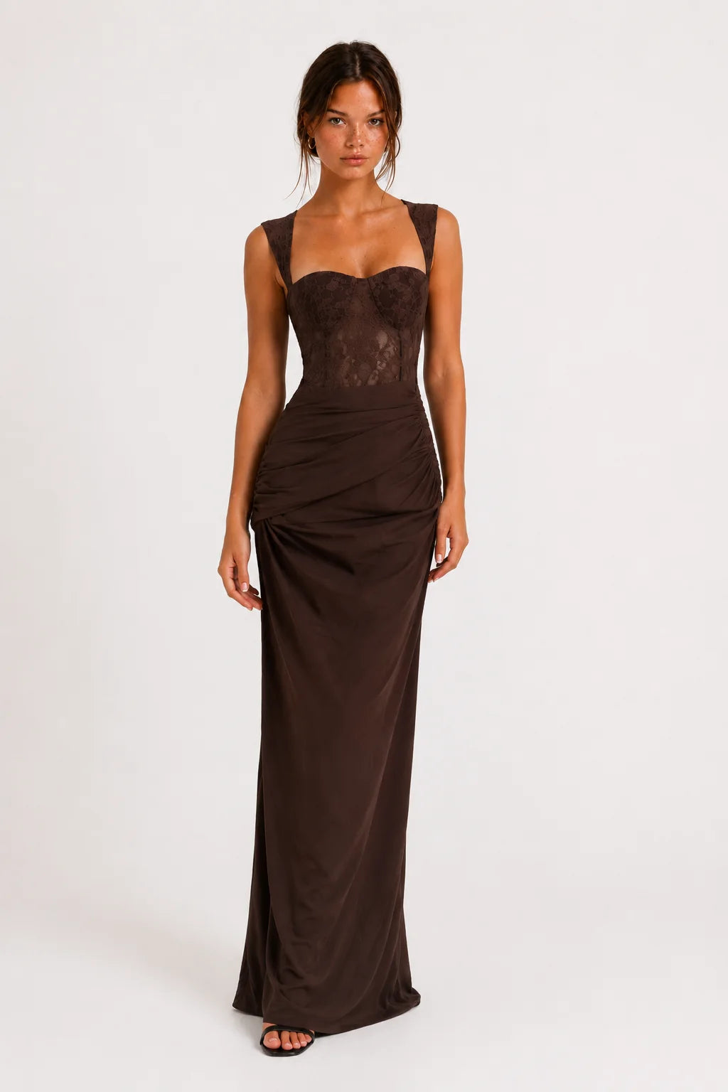 Chocolate Brown Lace Bustier Ruched Maxi Dress view 5