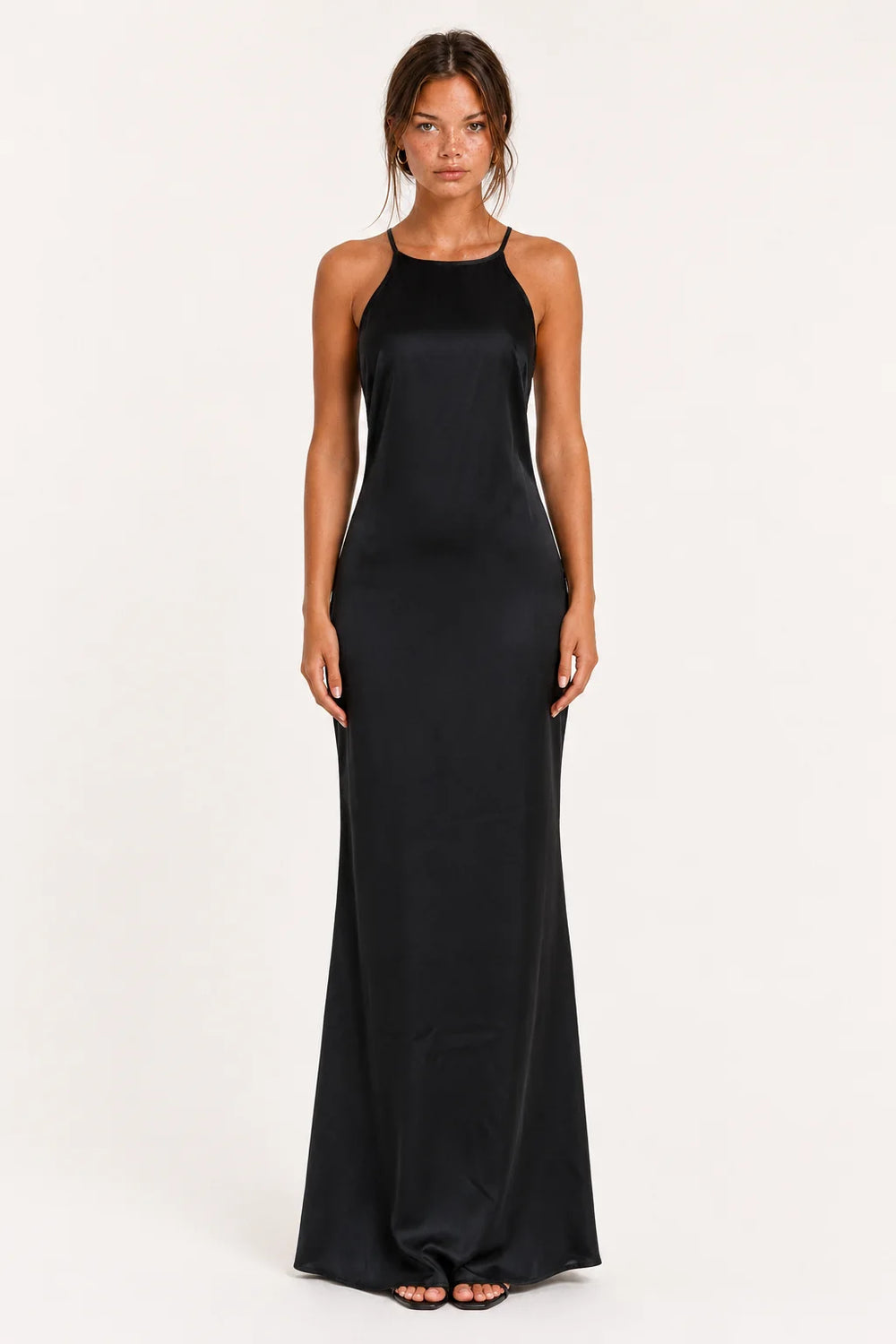 Black Satin Cowl-Neck Maxi Dress view 1