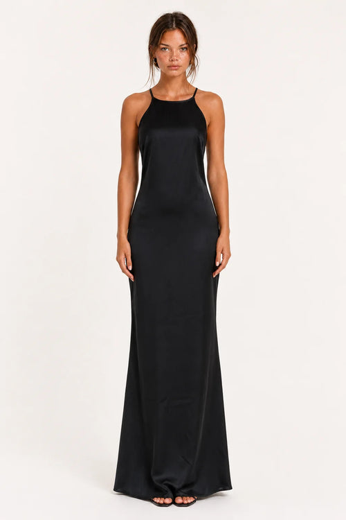 Black Satin Cowl-Neck Maxi Dress view 1