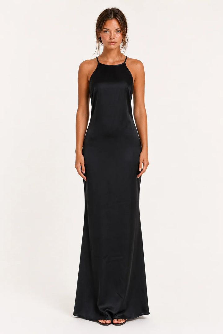 Black Satin Cowl-Neck Maxi Dress view 1