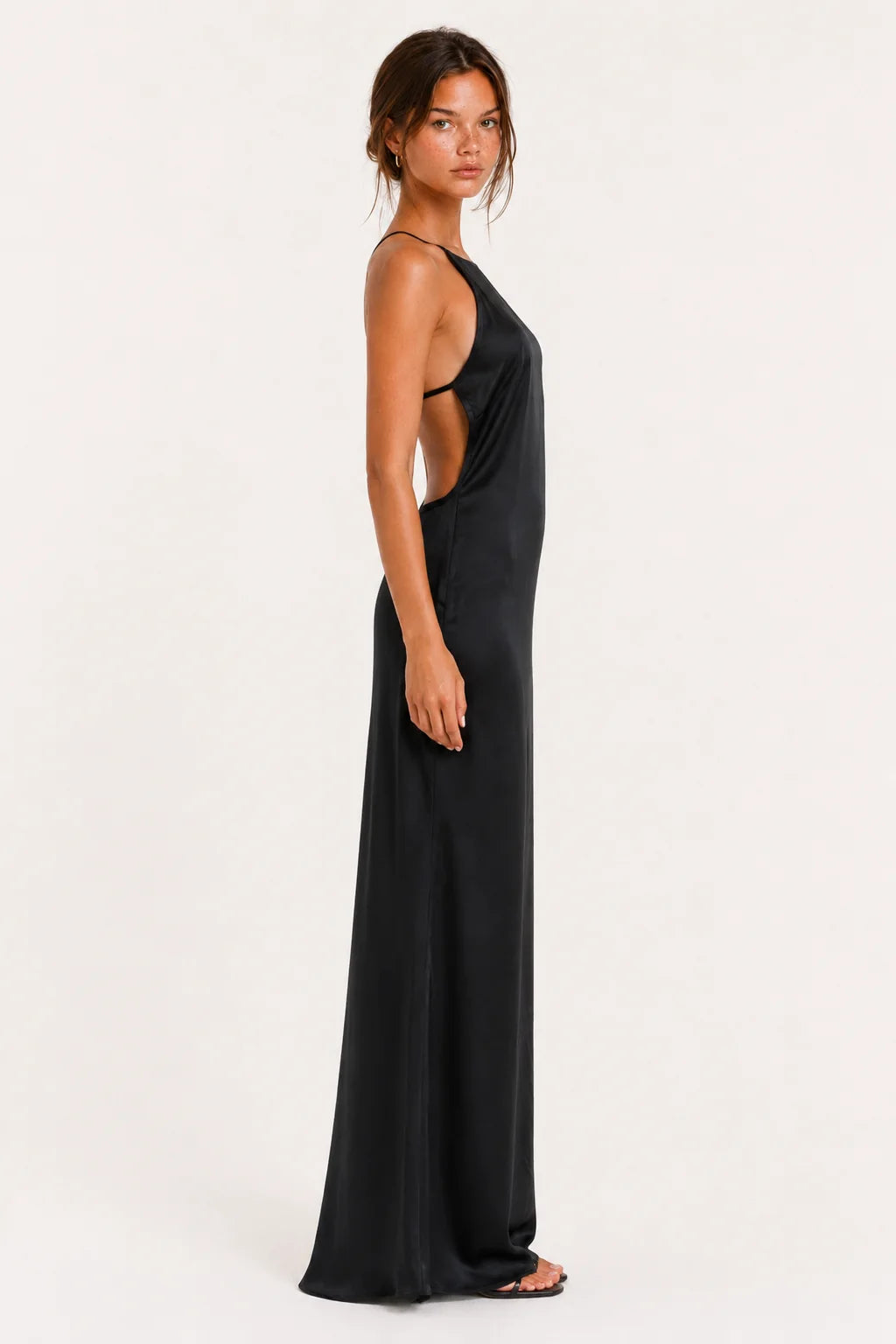 Black Satin Cowl-Neck Maxi Dress view 3
