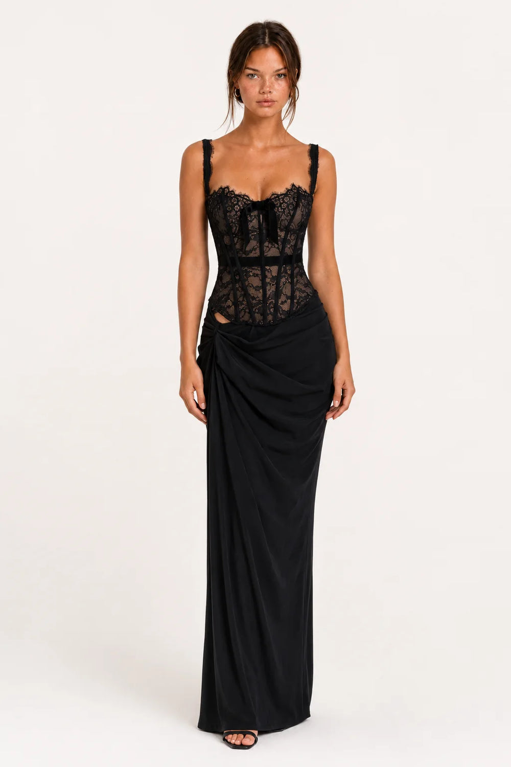 Black Lace Corset Draped Maxi Dress view 1