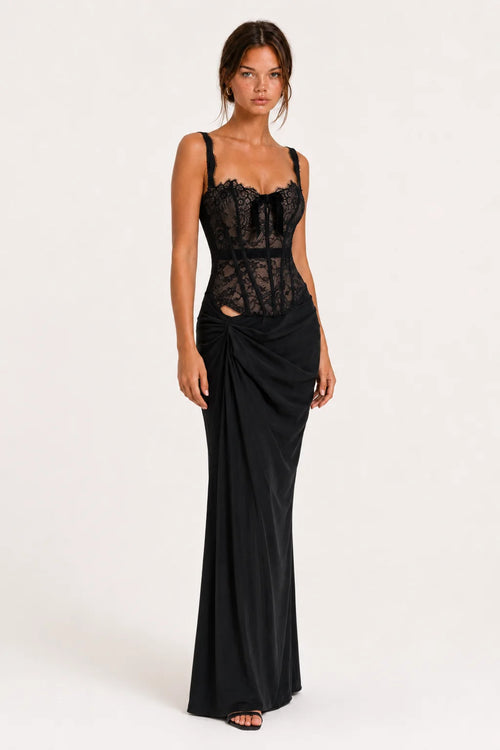 Black Lace Corset Draped Maxi Dress view 2