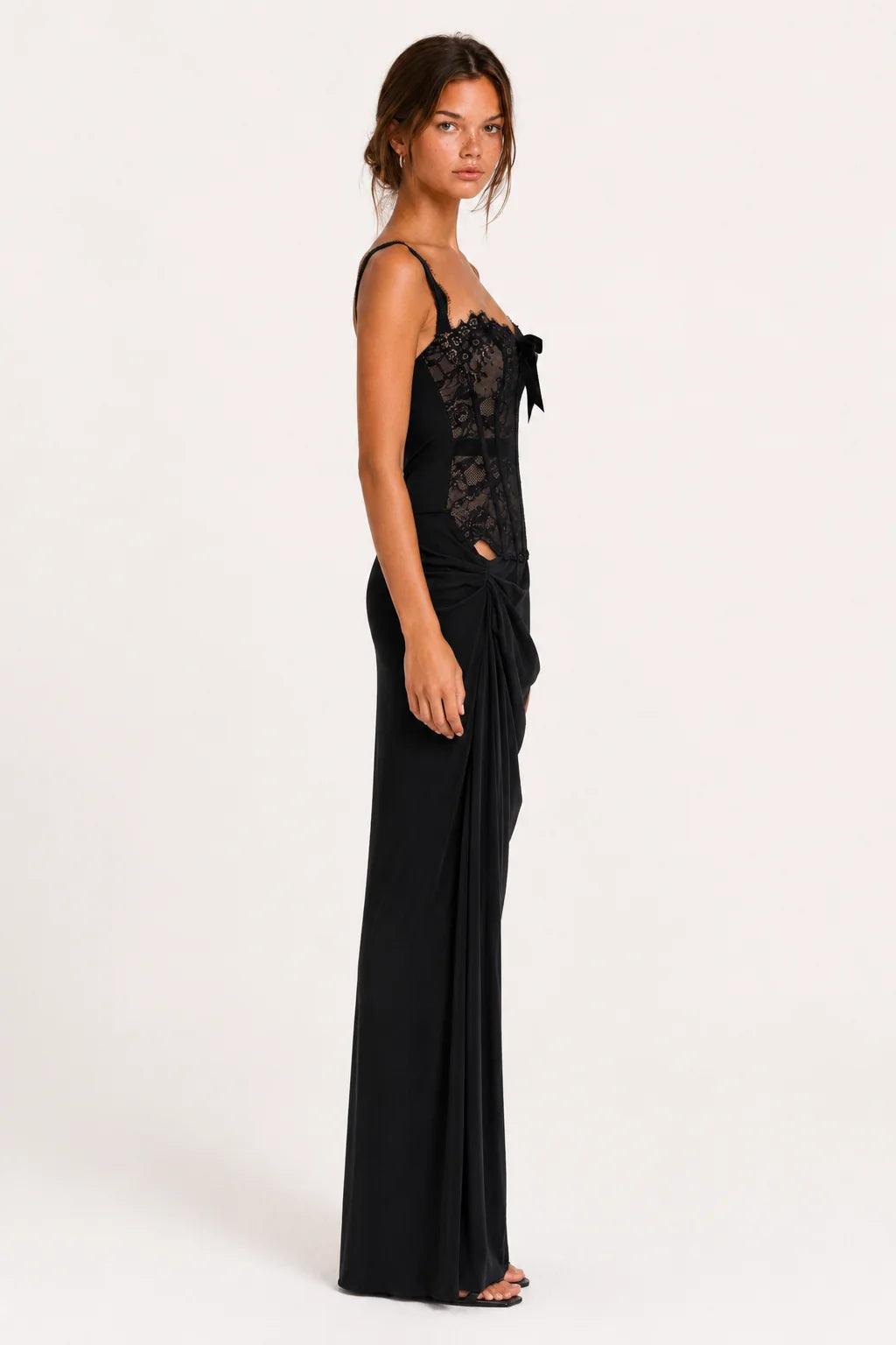 Black Lace Corset Draped Maxi Dress view 3