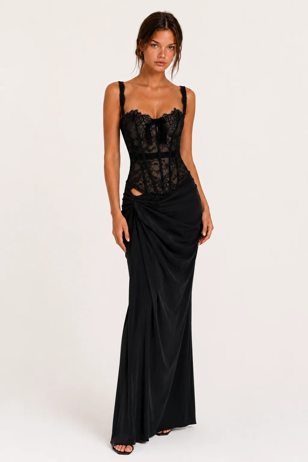 Black Lace Corset Draped Maxi Dress view 5