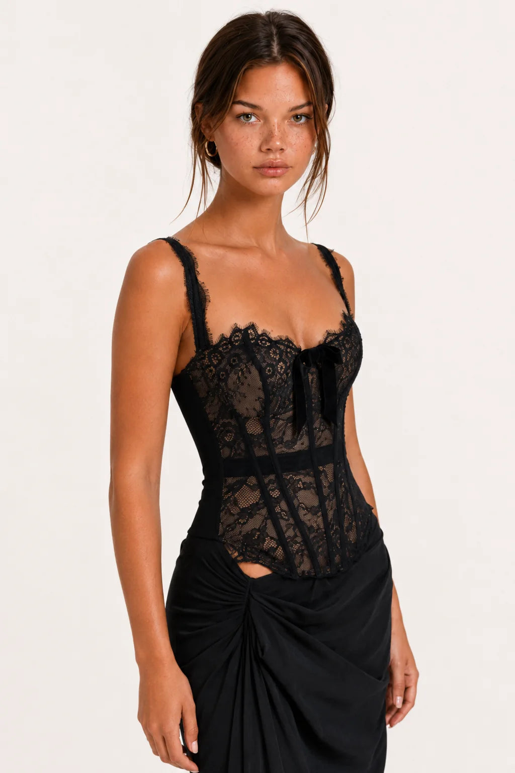 Black Lace Corset Draped Maxi Dress view 7