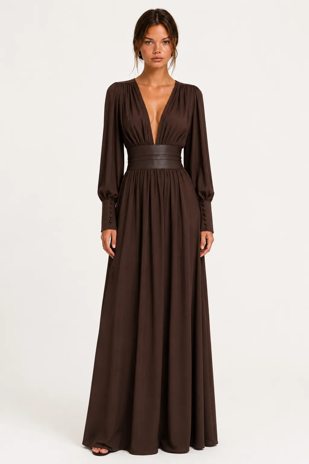 Brown faux leather V-neck maxi dress, image 1