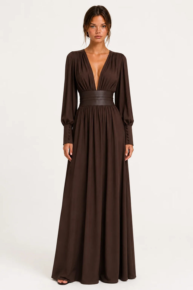 Brown faux leather V-neck maxi dress, image 1