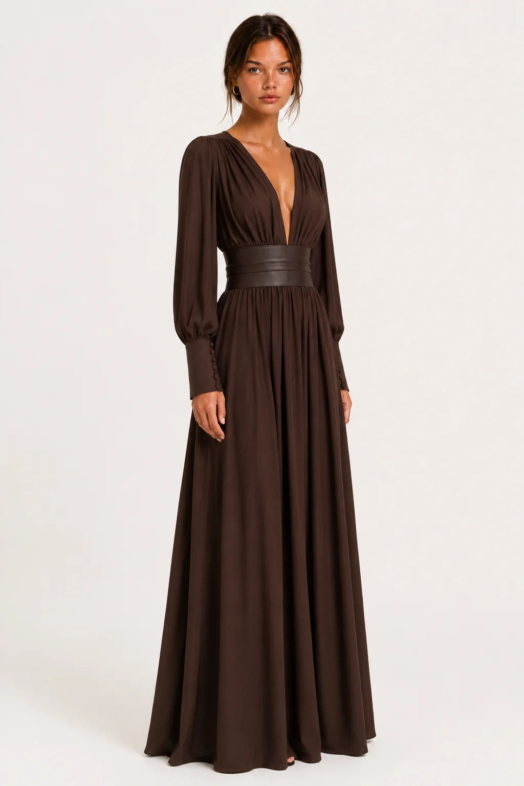 Brown faux leather V-neck maxi dress, image 2