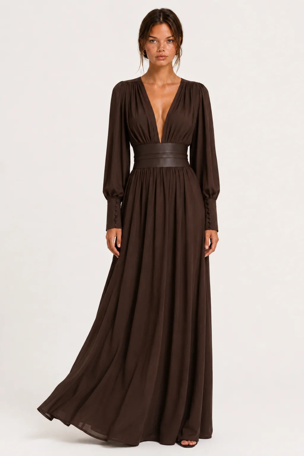 Brown faux leather V-neck maxi dress, image 5