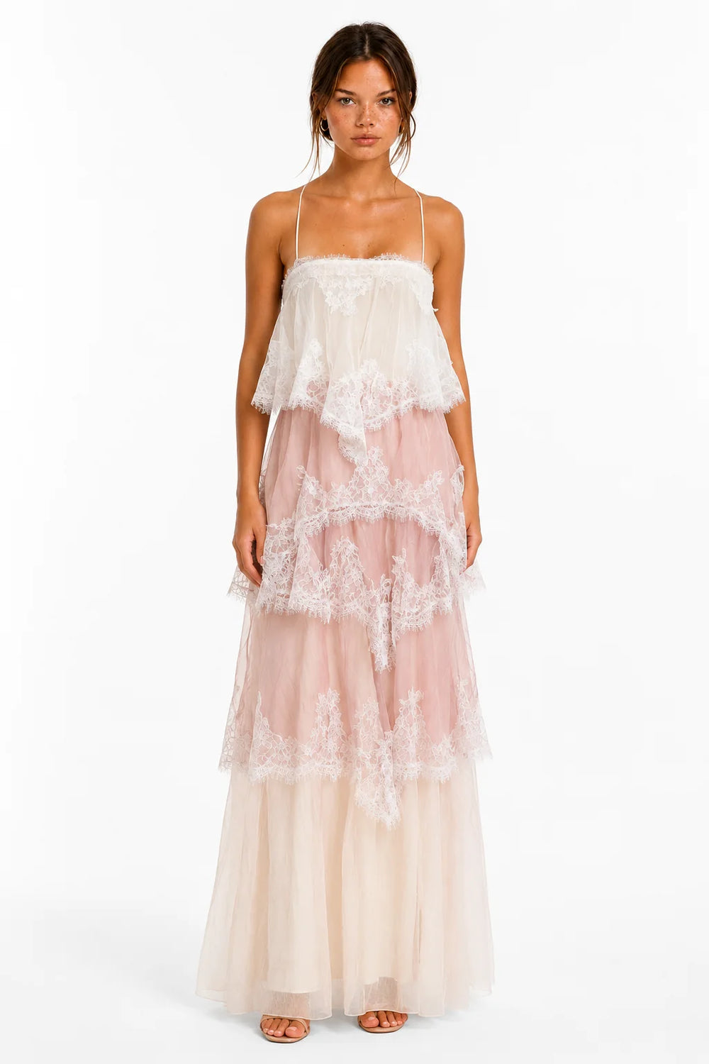 Pink and white lace tiered maxi dress, image 1