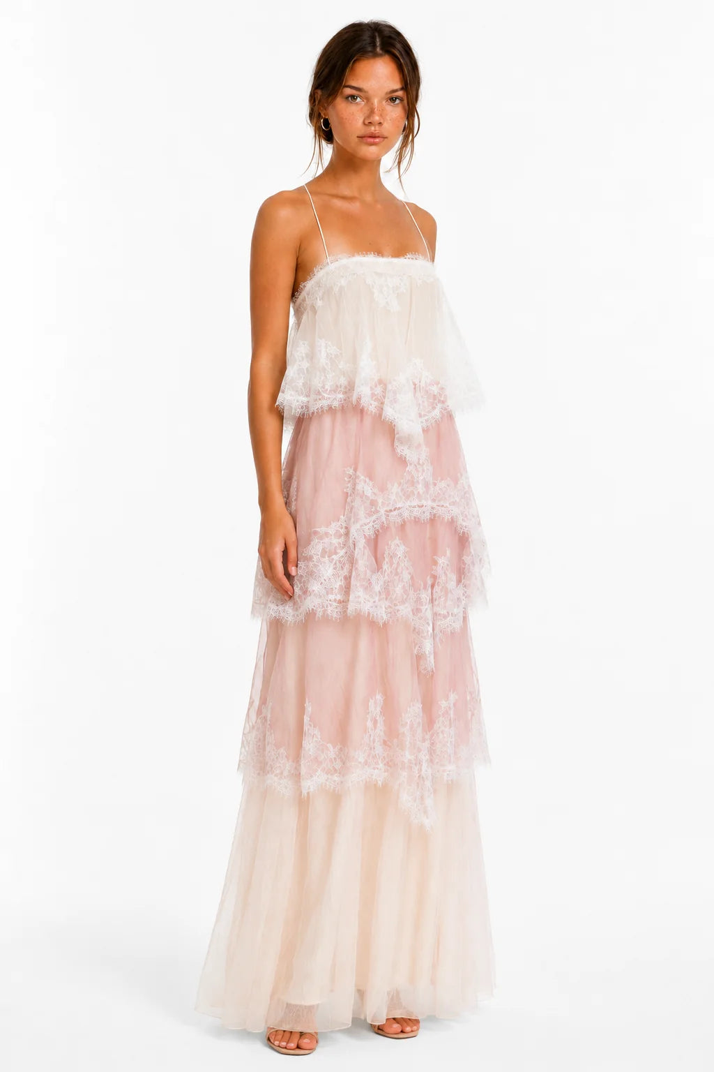 Pink and white lace tiered maxi dress, image 2