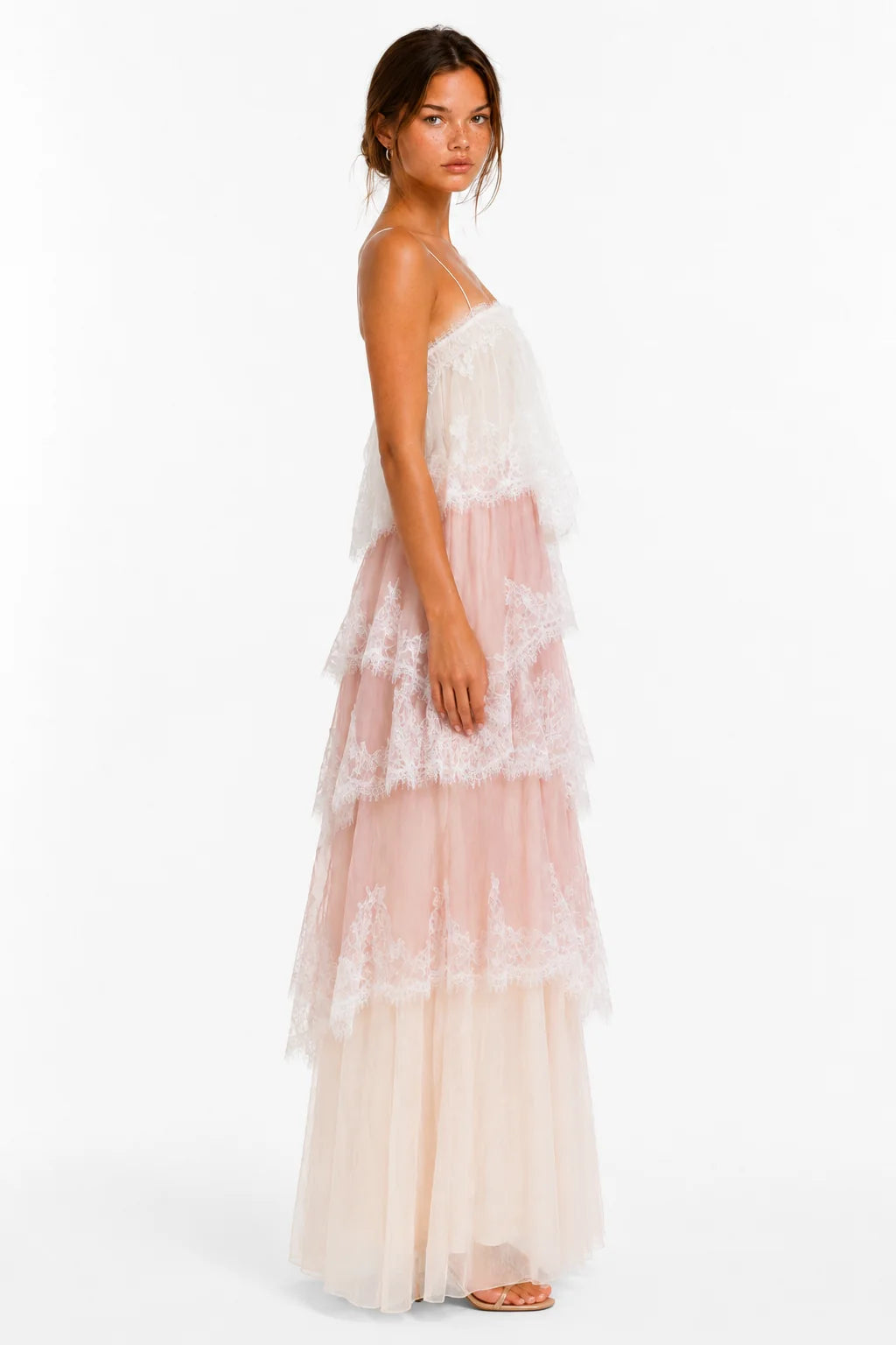 Pink and white lace tiered maxi dress, image 3