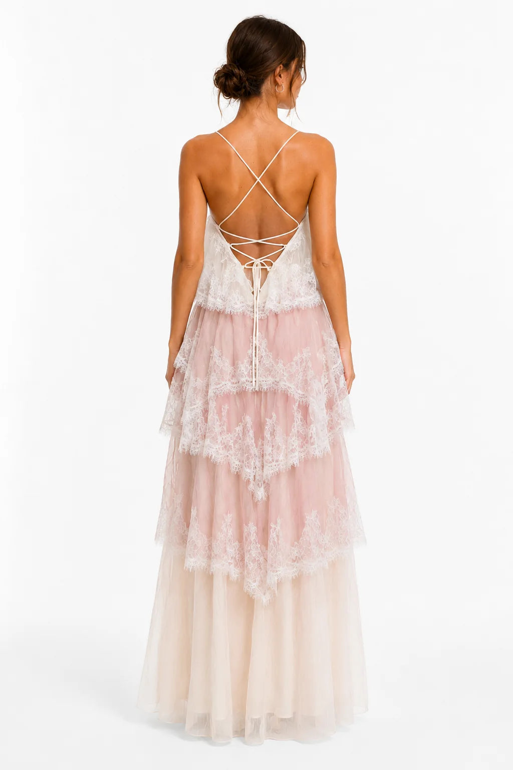 Pink and white lace tiered maxi dress, image 4