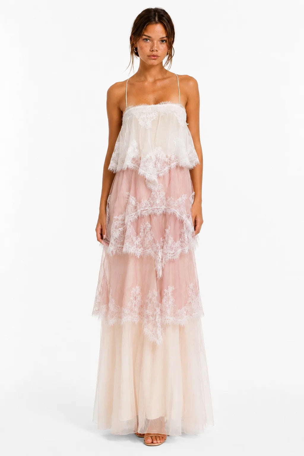 Pink and white lace tiered maxi dress, image 5