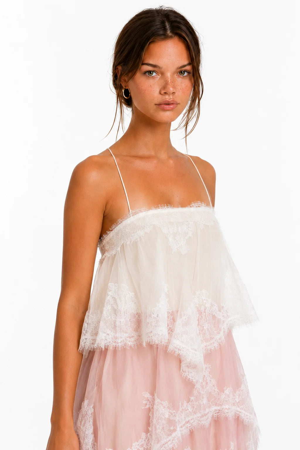 Pink and white lace tiered maxi dress, image 7