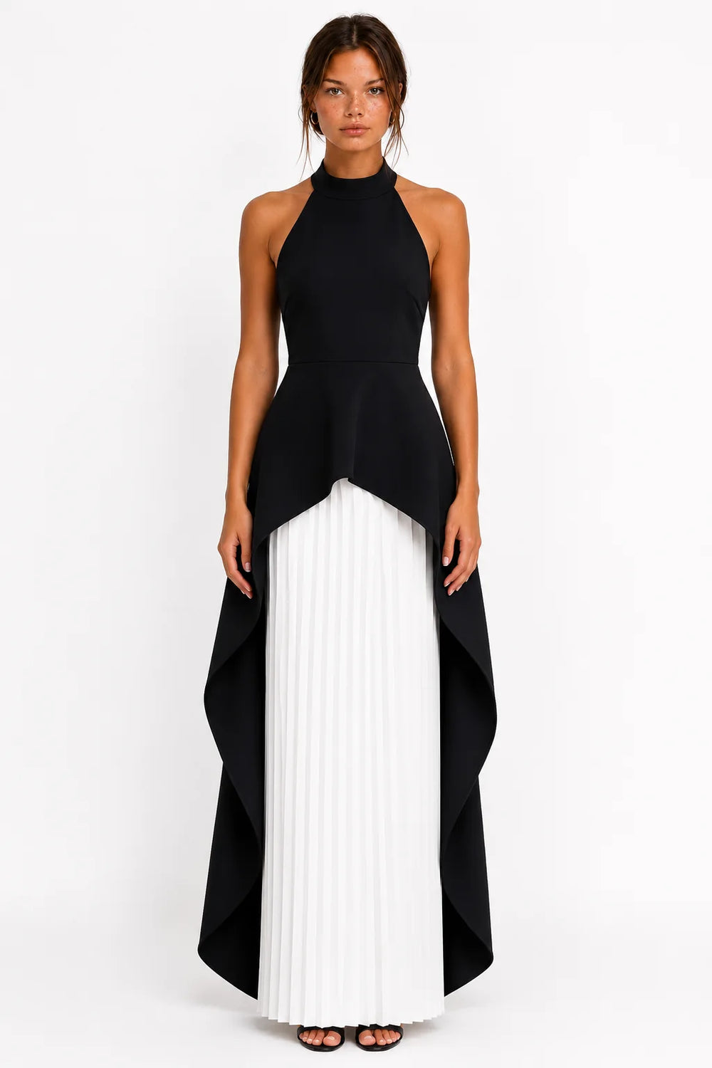 Black and white draped bandage maxi dress, image 1