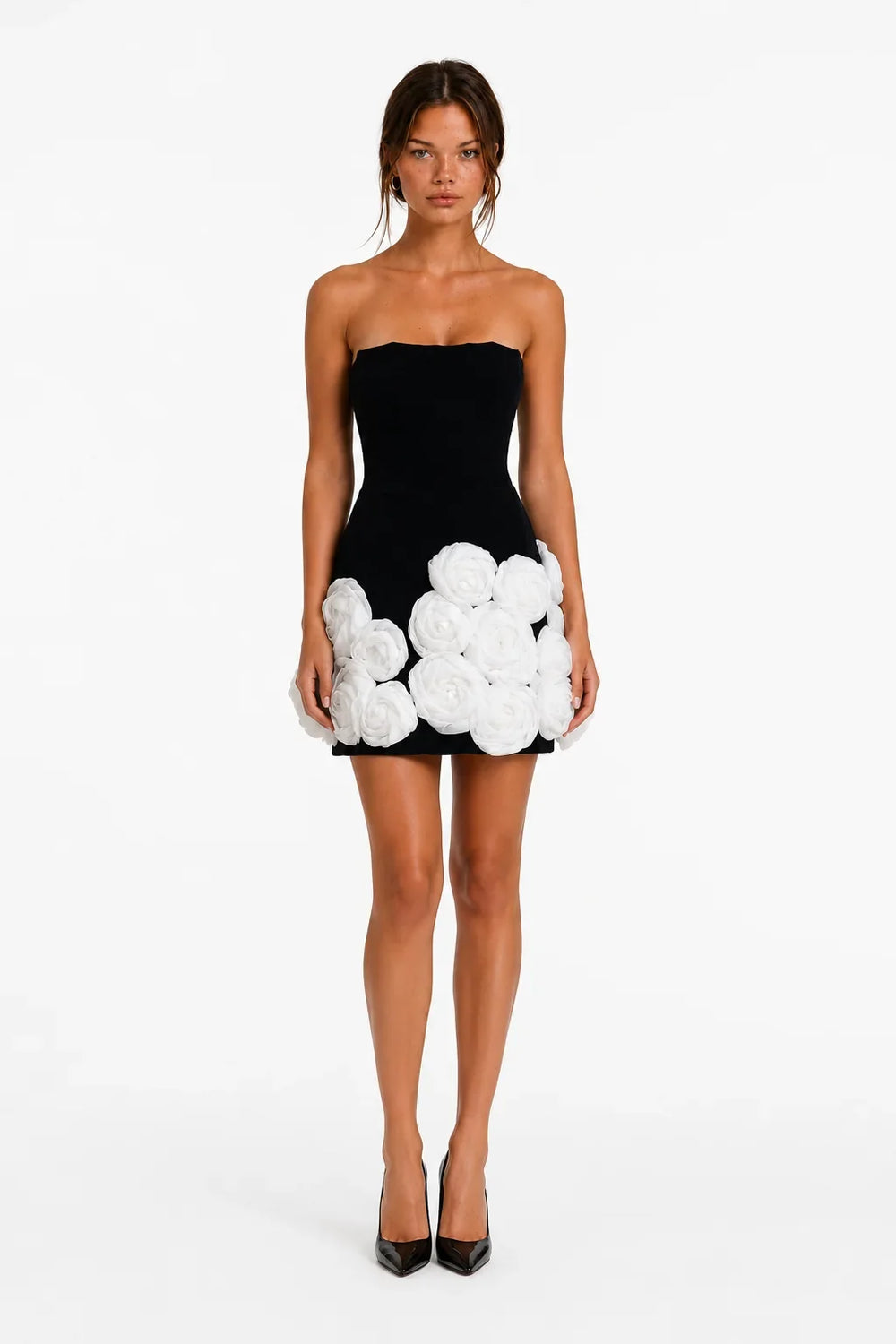 Black floral applique mini dress, image 1