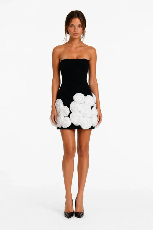 Black floral applique mini dress, image 1
