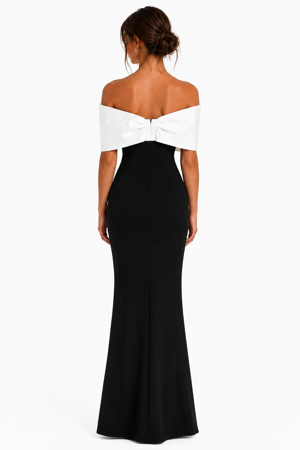 Back view of black off-shoulder bow bandage maxi dress