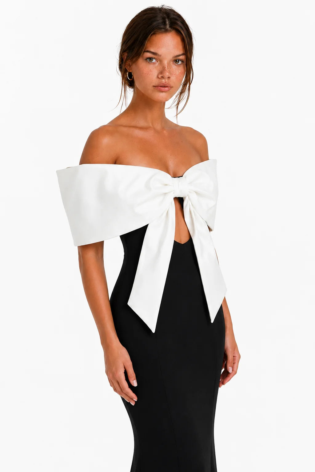 Bow detail on black off-shoulder bandage maxi dress