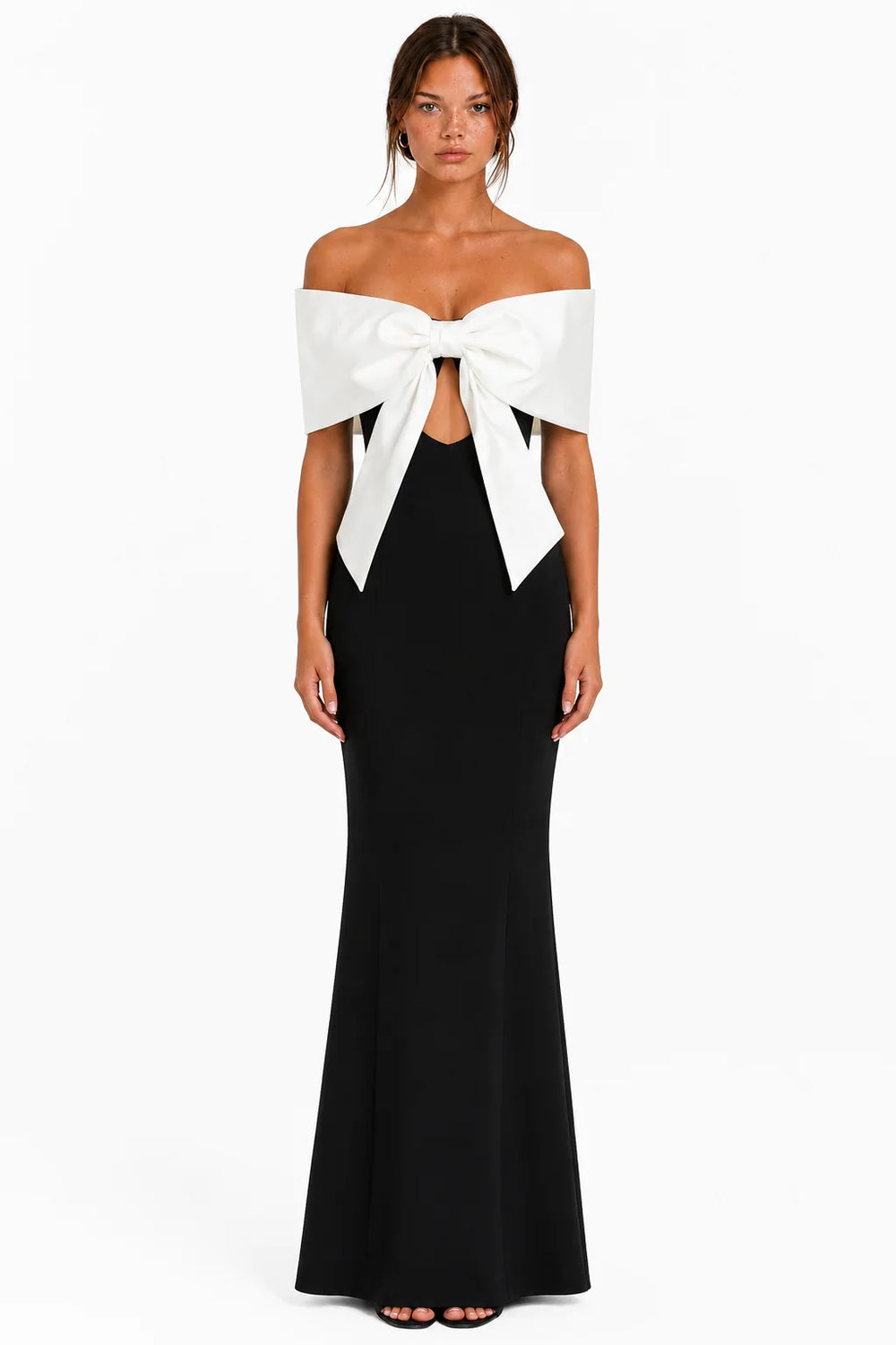 Front view of black off-shoulder bow bandage maxi dress