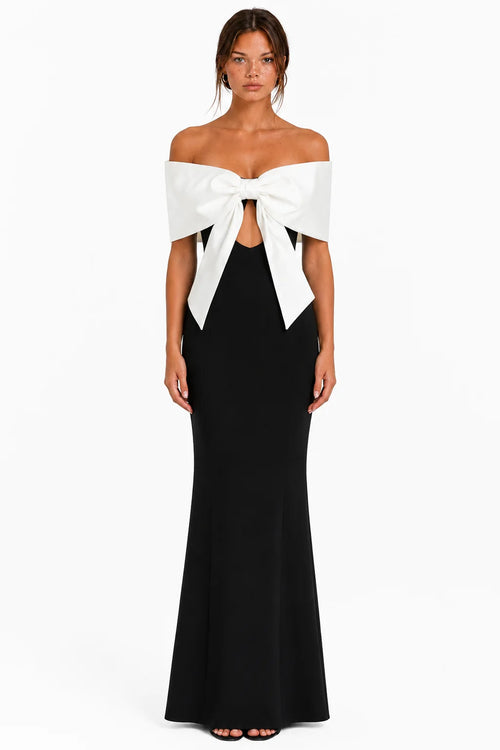 Front view of black off-shoulder bow bandage maxi dress