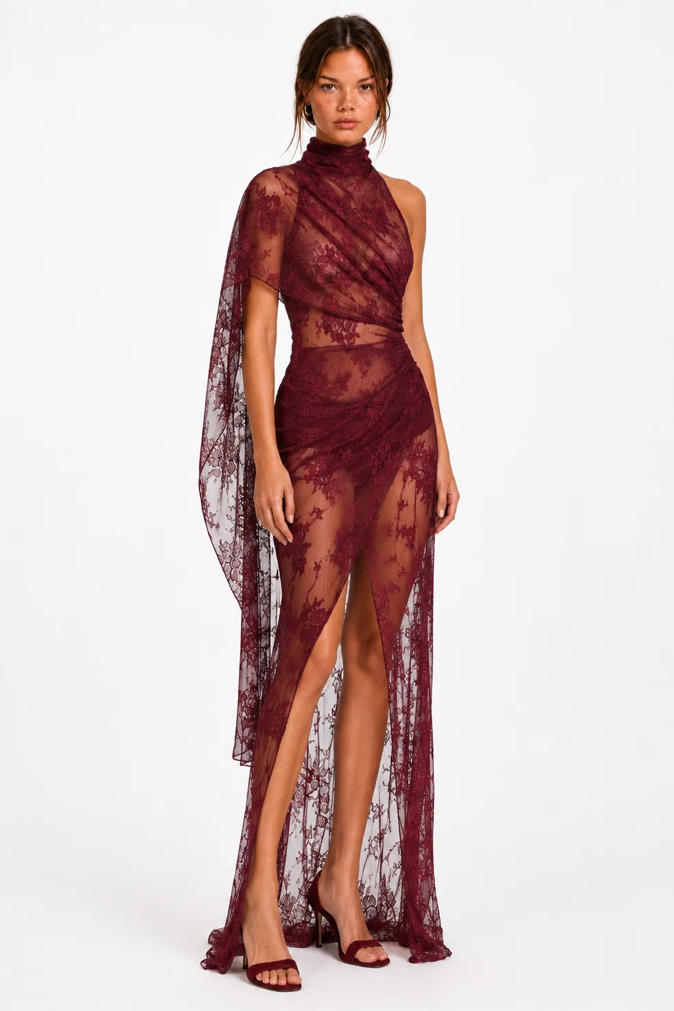 Burgundy lace draped maxi dress angled front view