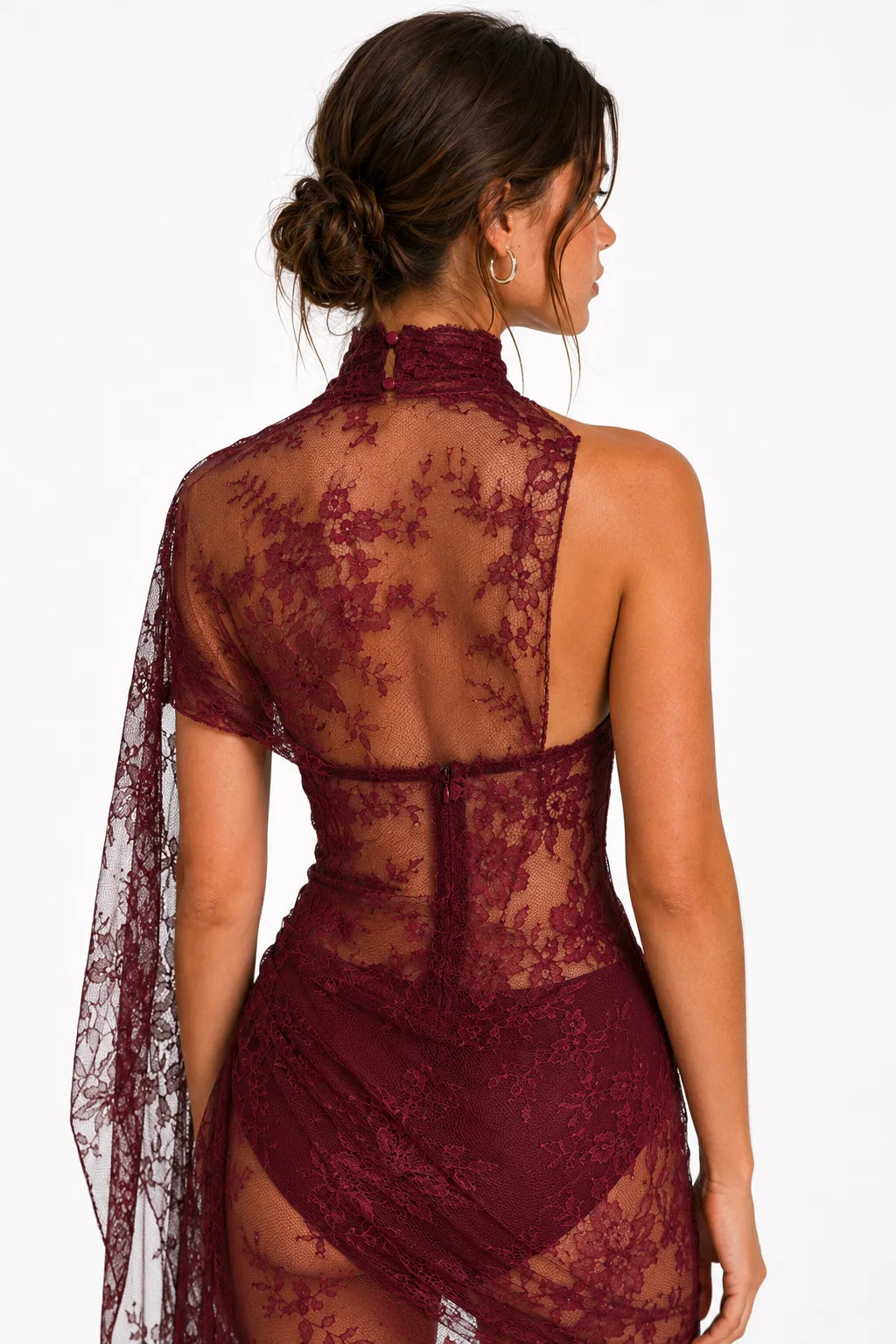 Burgundy lace draped maxi dress back detail