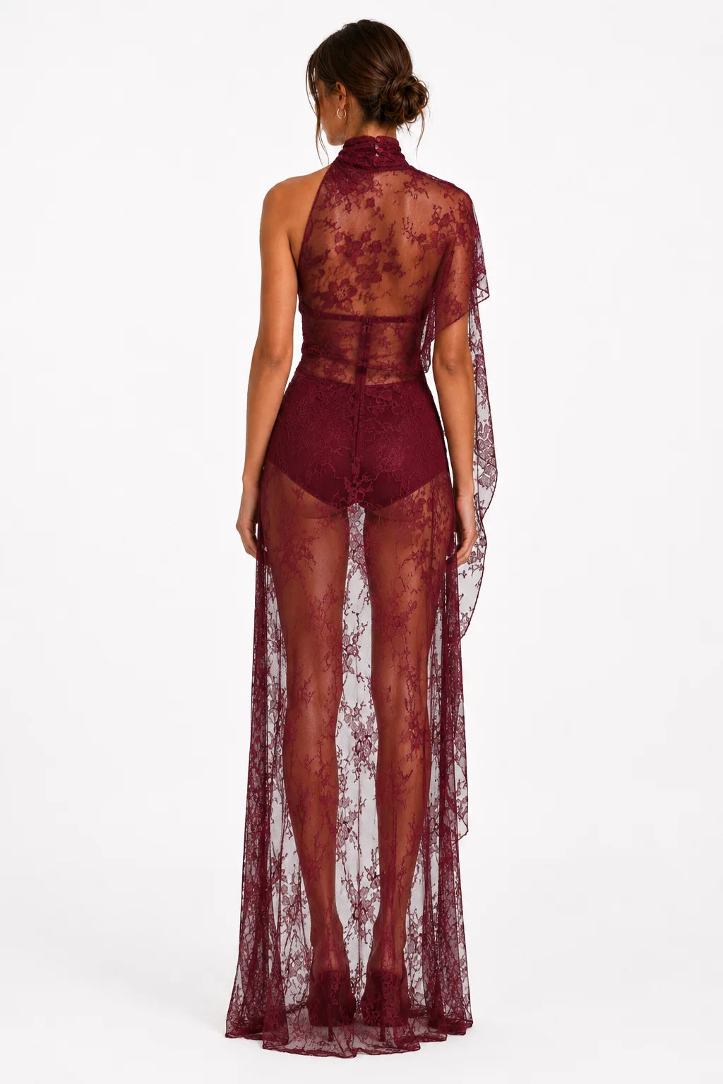 Burgundy lace draped maxi dress back view