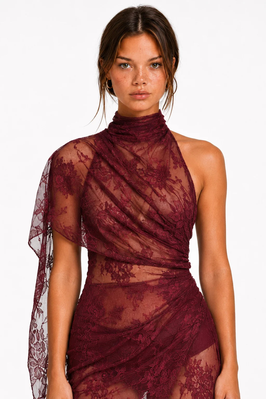 Burgundy lace draped maxi dress bodice close-up