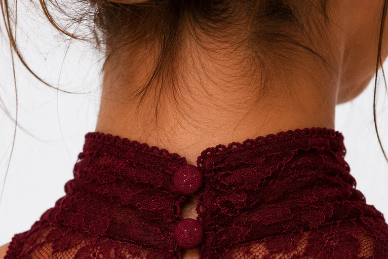 Burgundy lace draped maxi dress collar detail