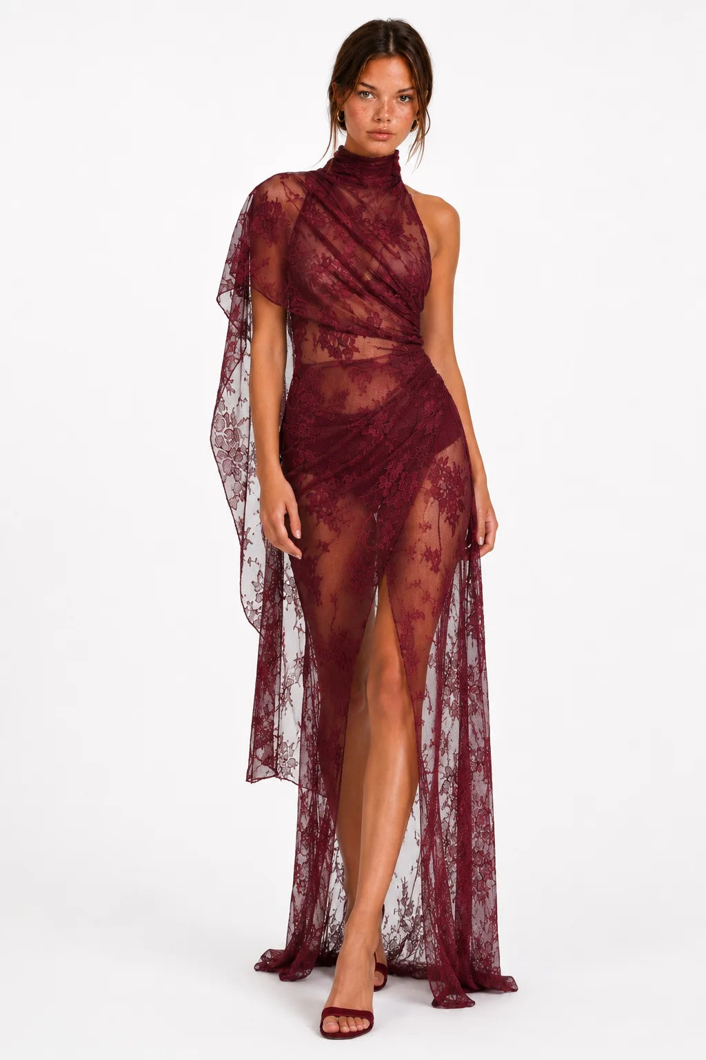 Burgundy lace draped maxi dress front detail