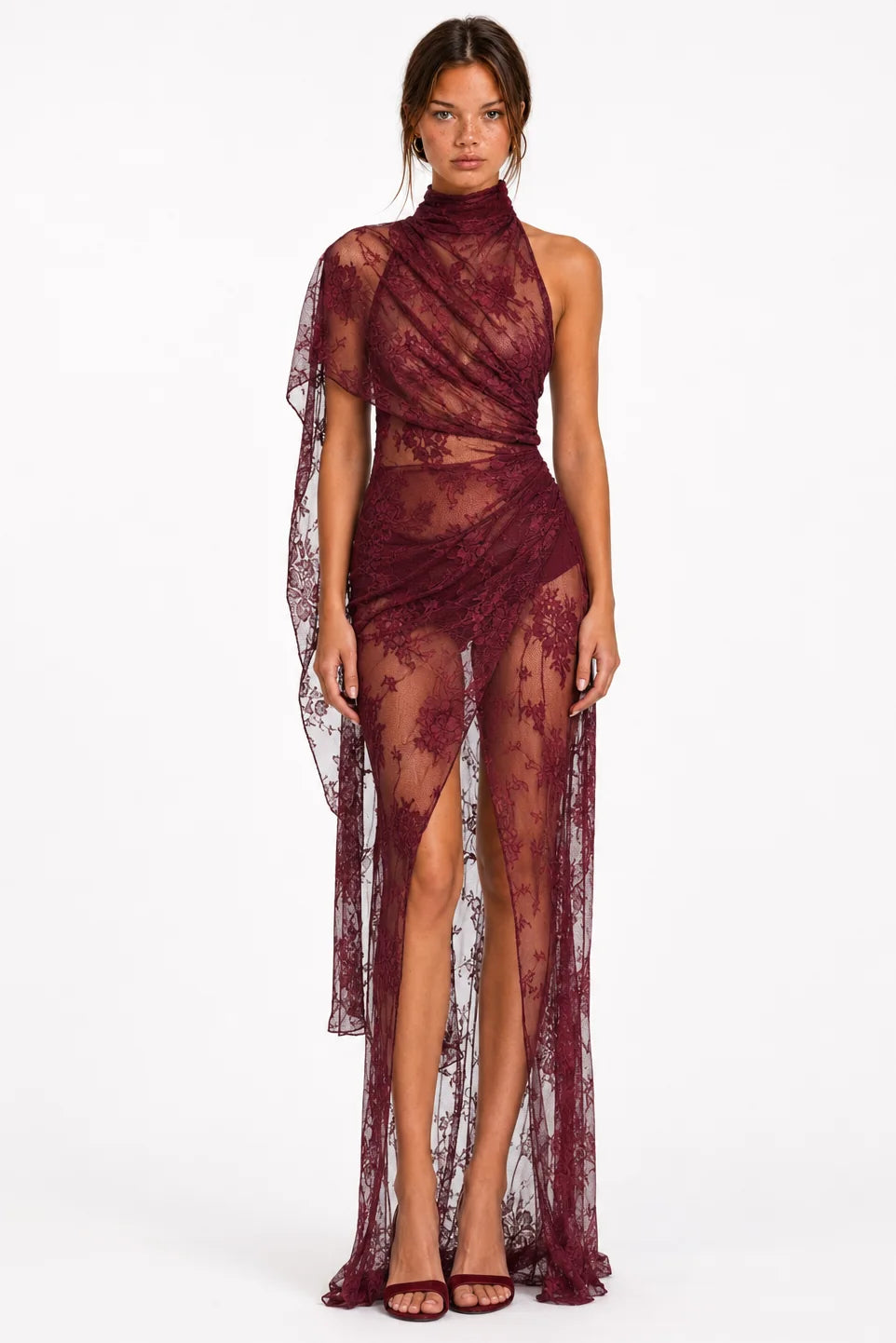 Burgundy lace draped maxi dress front view