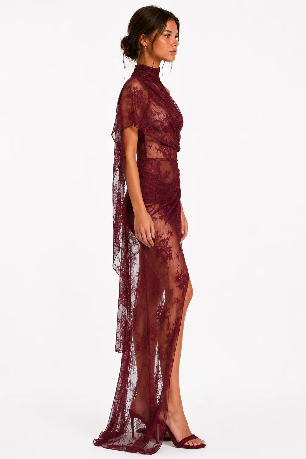 Burgundy lace draped maxi dress side view