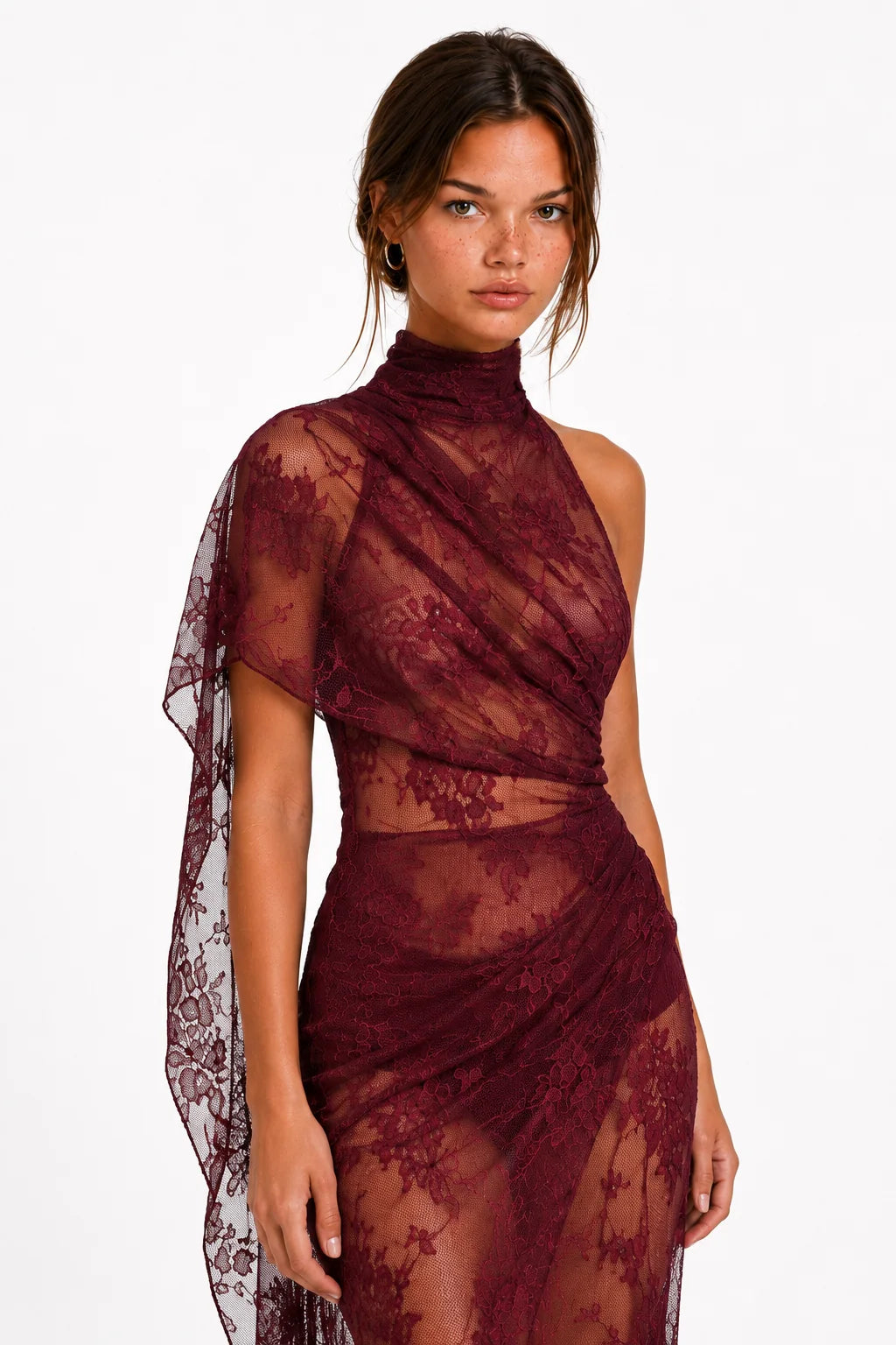 Burgundy lace draped maxi dress three-quarter view