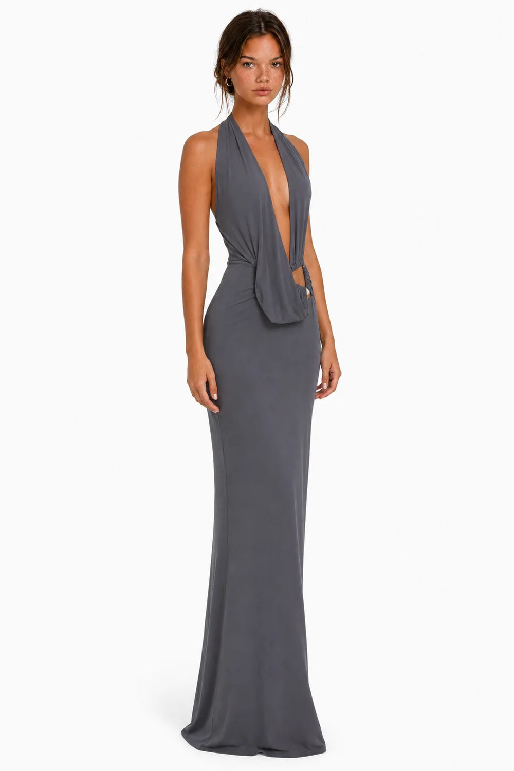 Angled view of charcoal gray halter cutout maxi dress