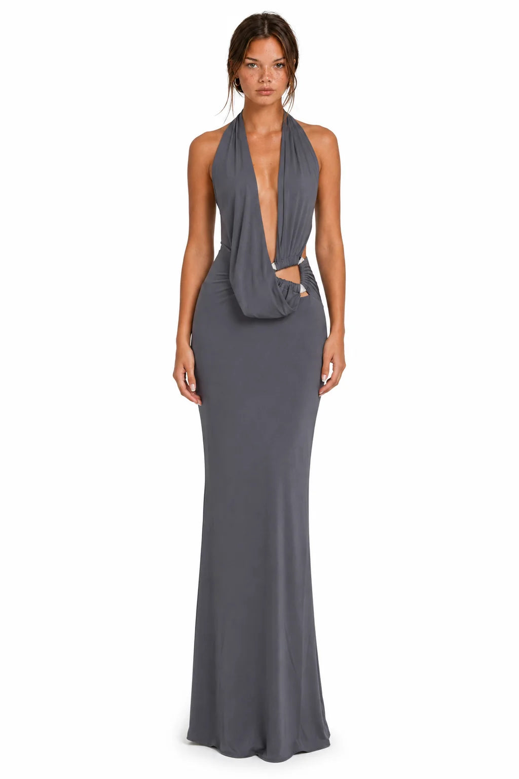 Front view of charcoal gray halter cutout maxi dress